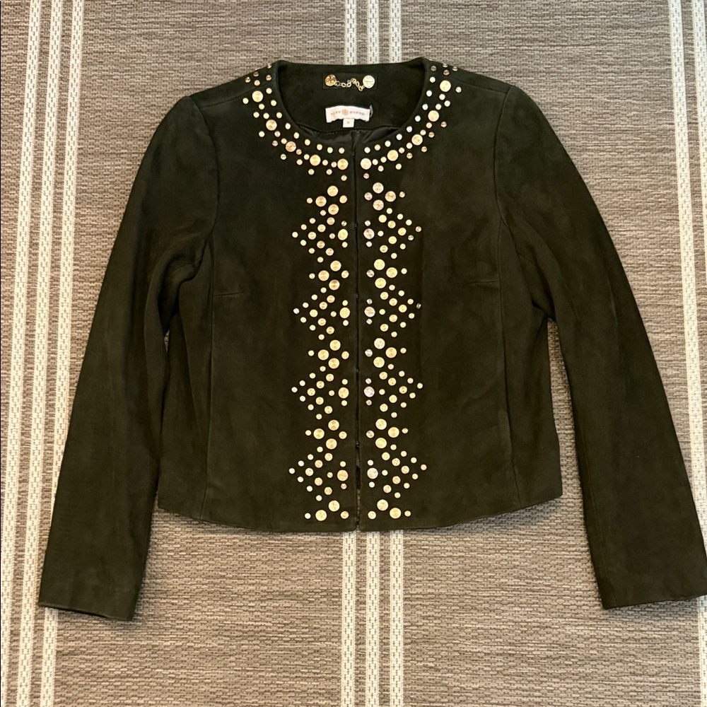 Tory Burch Green Gold Embellished Suede Leather Evening Jacket size 6